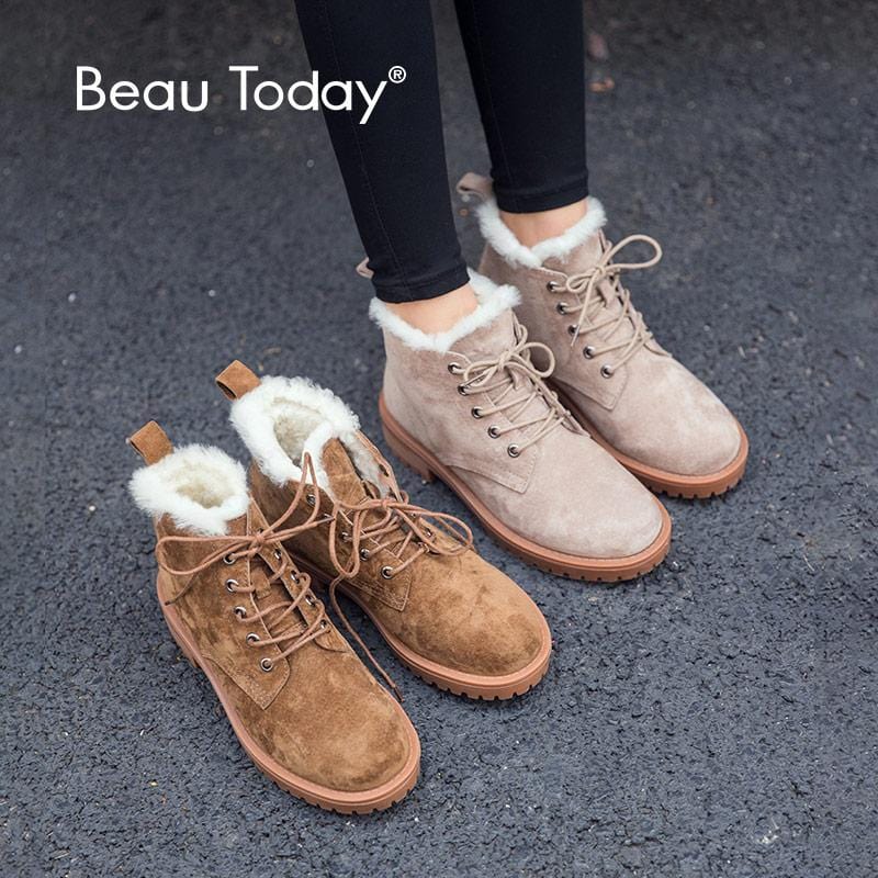 BeauToday Wool Snow Boots Women Genuine Leather Round Toe Lace-Up