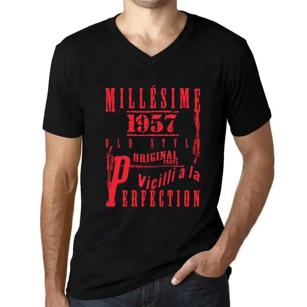 Men's Graphic T-Shirt V Neck Vintage Aged to Perfection 1957 – Millésime Vieilli à la Perfection 1957 – 67th Birthday Anniversary 67 Year Old Gift 1957 Vintage Eco-Friendly Short Sleeve Novelty Tee