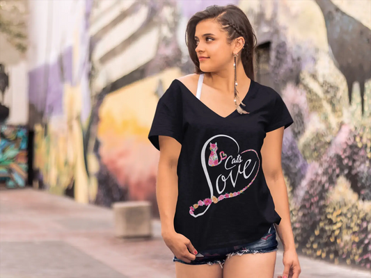 ULTRABASIC Women's V Neck T-Shirt Cats Love - Funny Kitten Shirt for Cat Lovers
