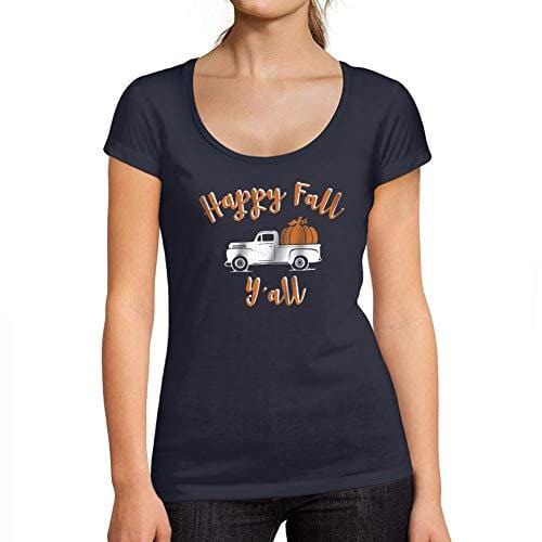 Ultrabasic - Tee-Shirt Femme col Rond Décolleté Happy Fall Y'all Pumpkin Truck French Marine