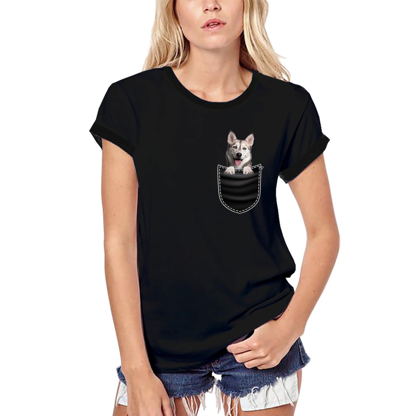 ULTRABASIC Grafik-T-Shirt für Damen, Siberian Husky – süßer Hund in der Tasche