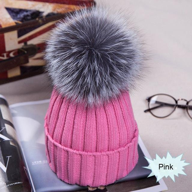 Hot Pink Beanie with Matching Pink Raccoon Pom Pom