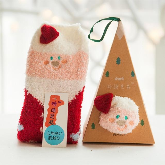 Chaussettes de Noël en forme d'animal mignon, cadeau de noël, velours de corail moelleux 3D, chaussettes d'hiver épaisses et chaudes pour femmes, cadeau du nouvel an, Sox avec boîte