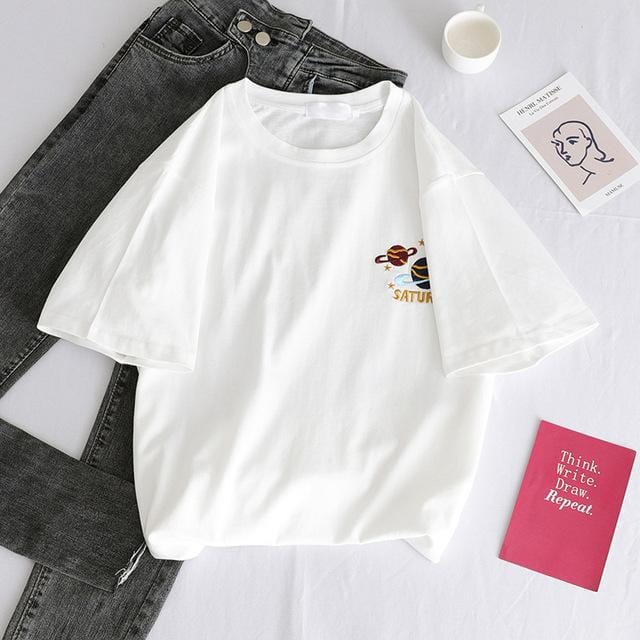 Edise - Elbow-Sleeve Weather Motif Embroidered T-Shirt