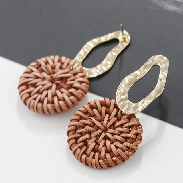 AENSOA Multiple 27 Style Korea Handmade Wooden Straw Weave Rattan Vine Braid Drop Earrings New Fashion Geometric Long Earrings