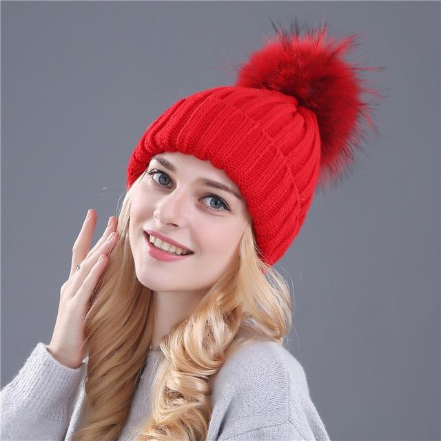 Xtrois vison et fourrure de renard casquette pom poms chapeau d'hiver pour femmes fille chapeau tricoté bonnets casquette flambant neuf épais femme casquette