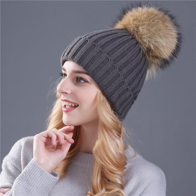 XThree Nerz- und Fuchsfell-Kugelmütze mit Pompons, Wintermütze für Damen und Mädchen, gestrickte Mützen, brandneue dicke Damenmütze