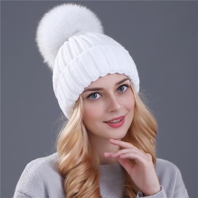 XThree Nerz- und Fuchsfell-Kugelmütze mit Pompons, Wintermütze für Damen und Mädchen, gestrickte Mützen, brandneue dicke Damenmütze