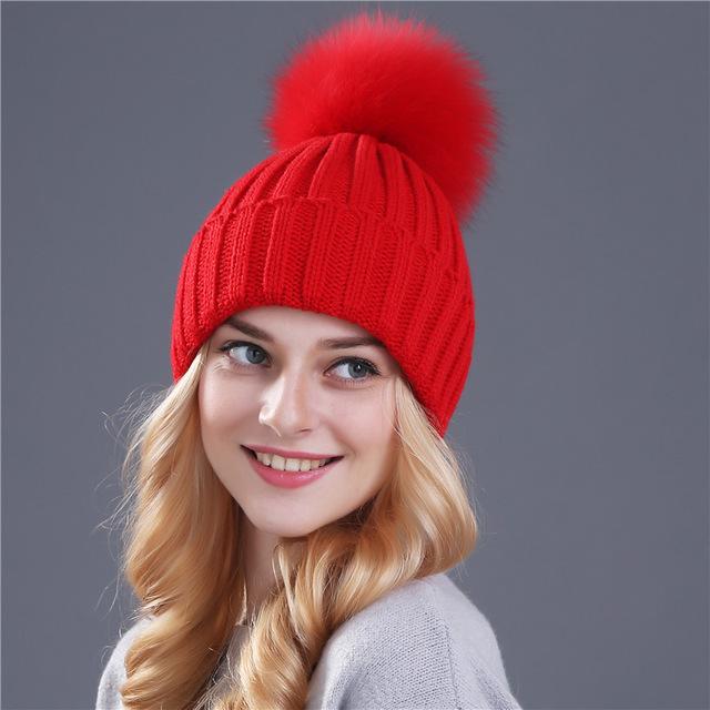 XThree Nerz- und Fuchsfell-Kugelmütze mit Pompons, Wintermütze für Damen und Mädchen, gestrickte Mützen, brandneue dicke Damenmütze