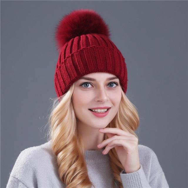 XThree Nerz- und Fuchsfell-Kugelmütze mit Pompons, Wintermütze für Damen und Mädchen, gestrickte Mützen, brandneue dicke Damenmütze