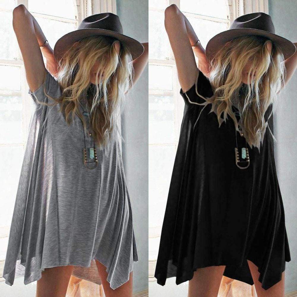 Women Round Neck Loose Irregular Casual Short Sleeve Mini Dress