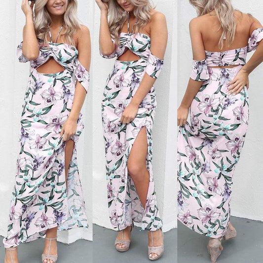 Women Sexy Floral Printed Hanging Neck Backless Lace-Up Split Hem Long Dress - Pink / L